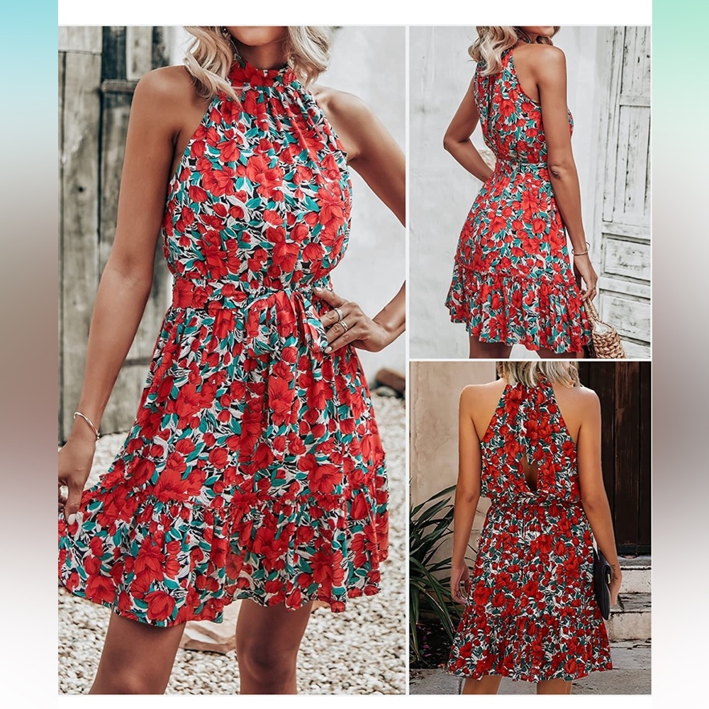 Summer Halter Neck Dress Floral Polka Dot Leopard Print Ruffle Sundress size XL